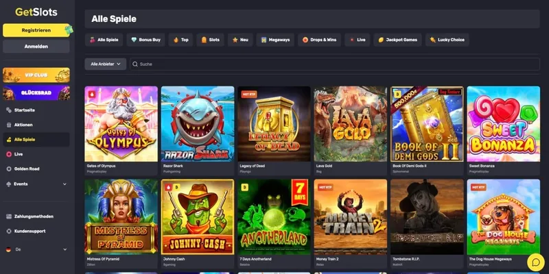 Spielauswahl im GetSlots Casino