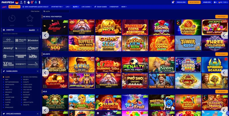 Paripesa Casino Lobby mit allen Spielen