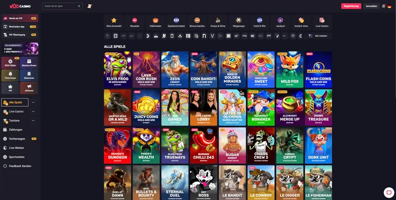 WooCasino Lobby mit allen Spielen
