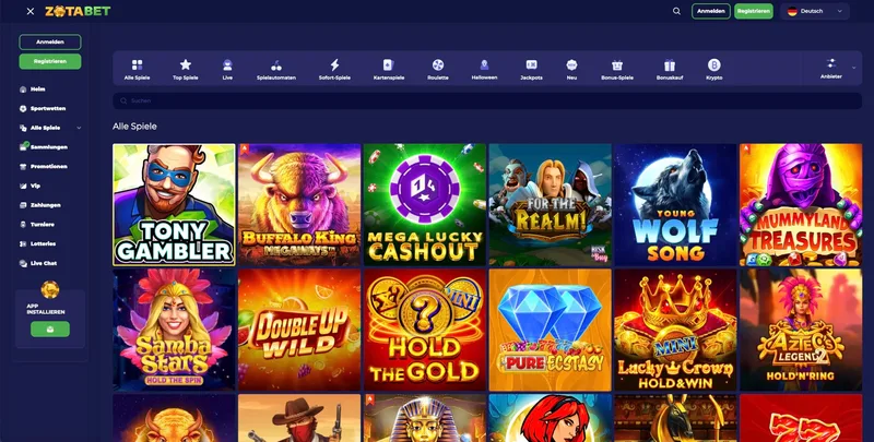 ZotaBet Casino Lobby mit allen Spielen